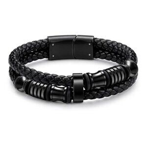 Mens Braided Leather Bracelet Stainless Steel Cuff Bracelet Mens Jewelry